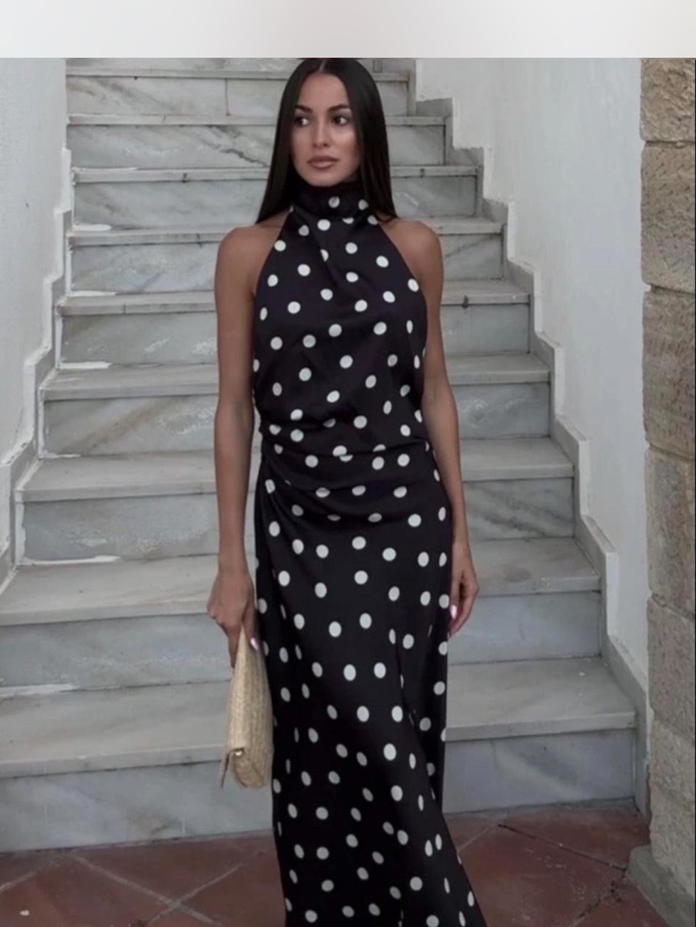 Zara Black Polka Dot Backless Halter Midi Dress - Picture 5 of 8